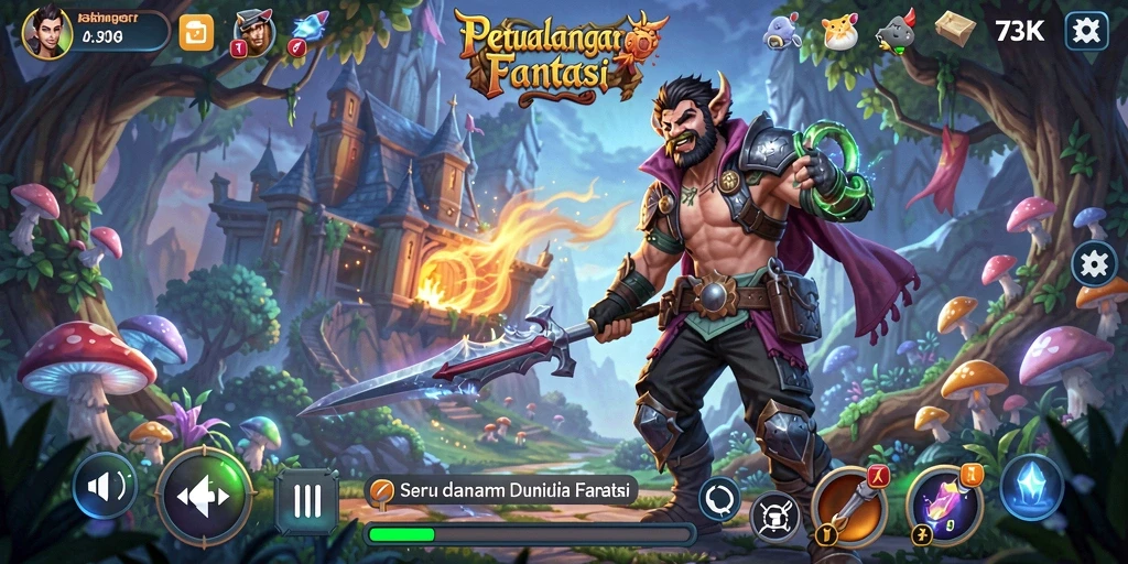 Screenshot gameplay 73K menampilkan karakter menjelajahi dunia yang penuh petualangan.