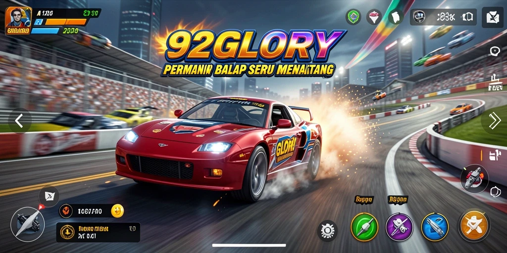 Screenshot gameplay 92GLORY menampilkan aksi balap yang cepat dan mendebarkan.