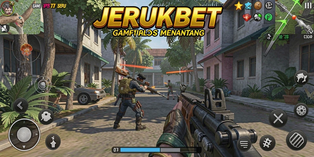 Tampak aksi seru dalam gameplay JERUKBET dengan karakter dan senjata.