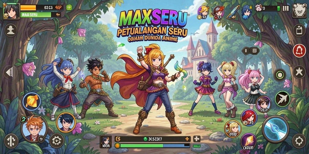 Tangkapan layar dari gameplay MAXSERU yang menampilkan karakter anime.