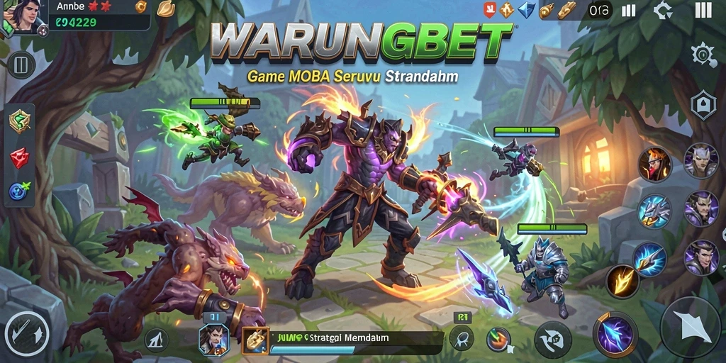 Tangkapan layar permainan WARUNGBET yang menunjukkan aksi MOBA yang mendebarkan.
